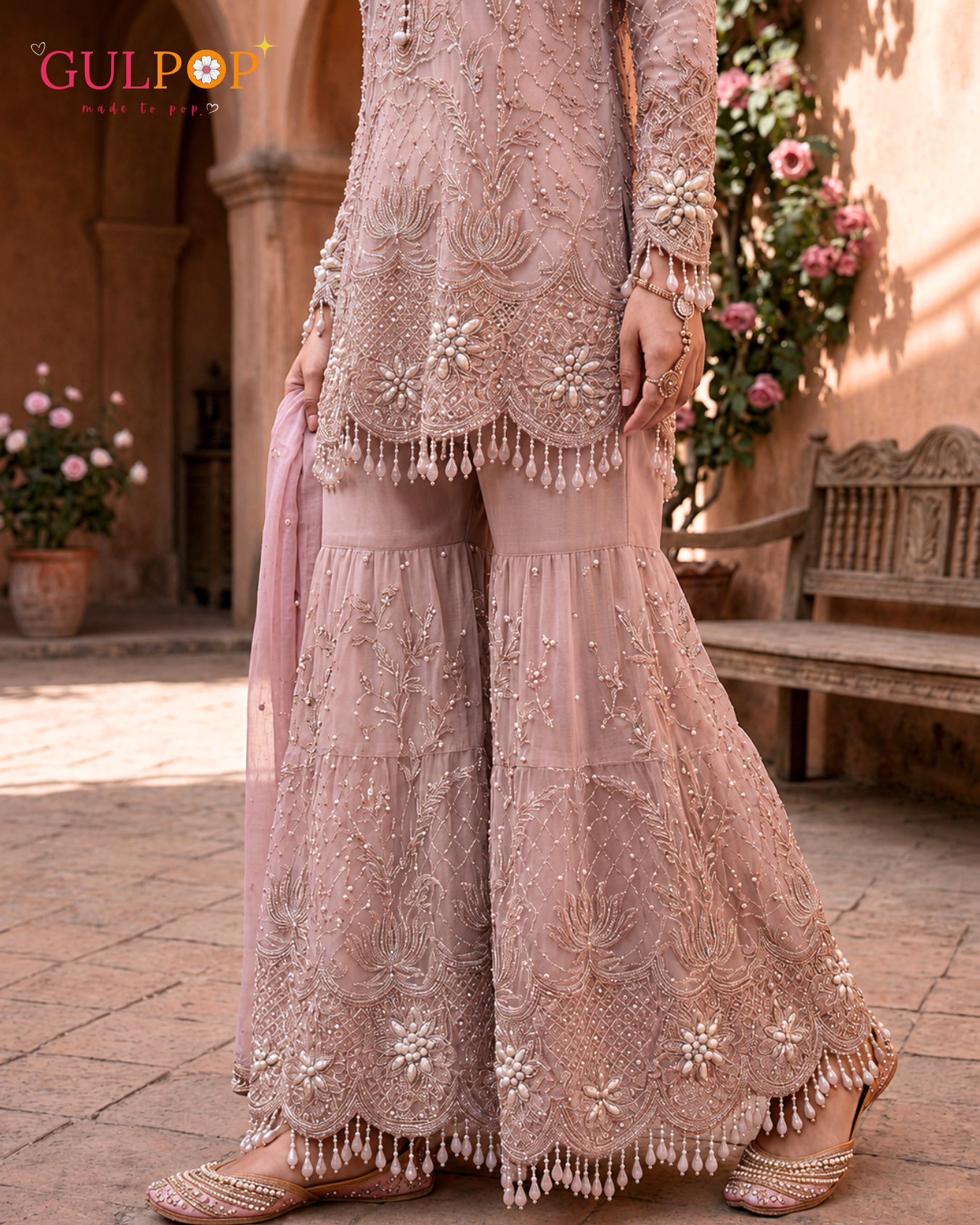 Blush Pearl Luxe Sharara Set | Premium Embellished Girls Festive Dress - Image 3