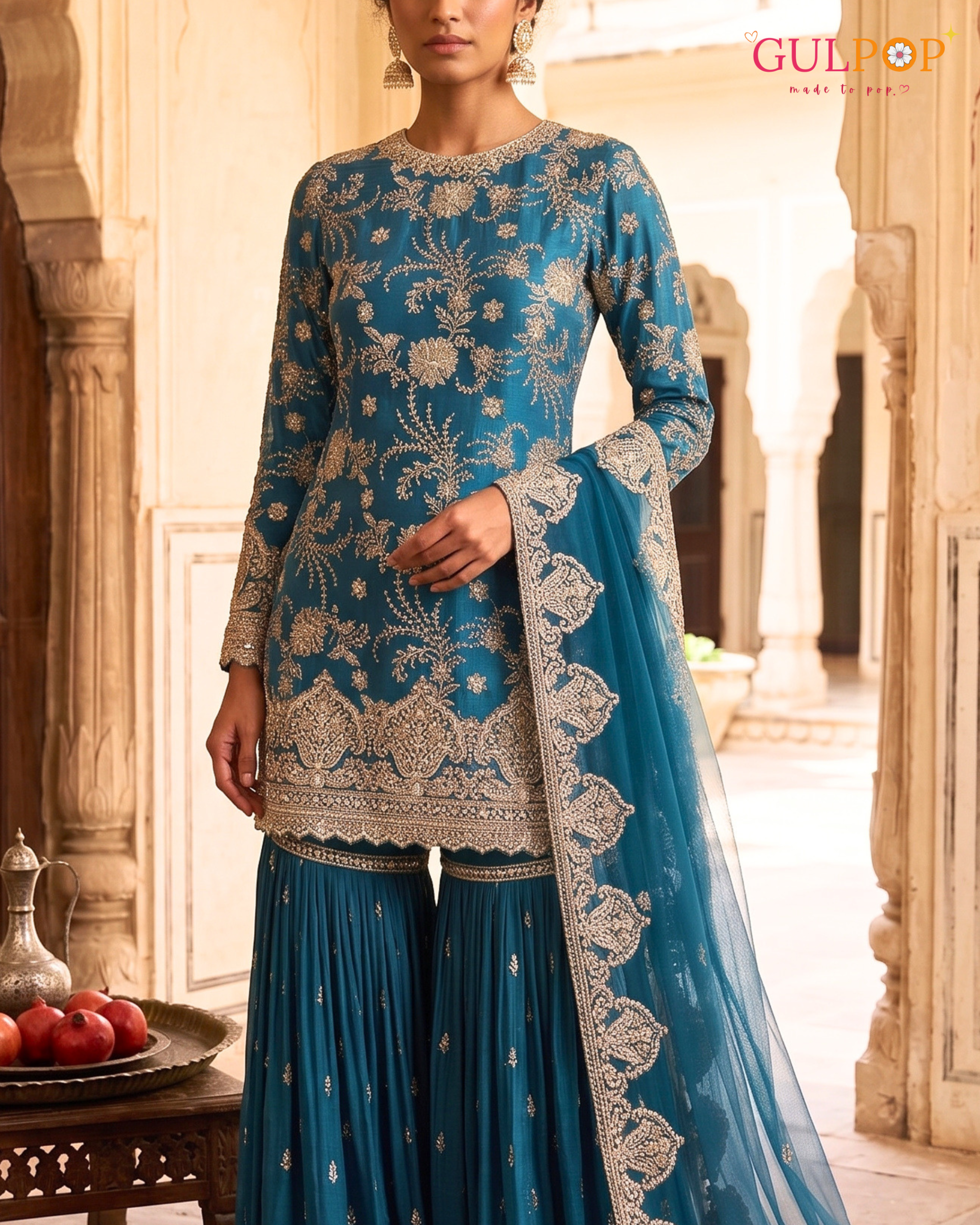 Royal Teal Embroidered Gharara Set