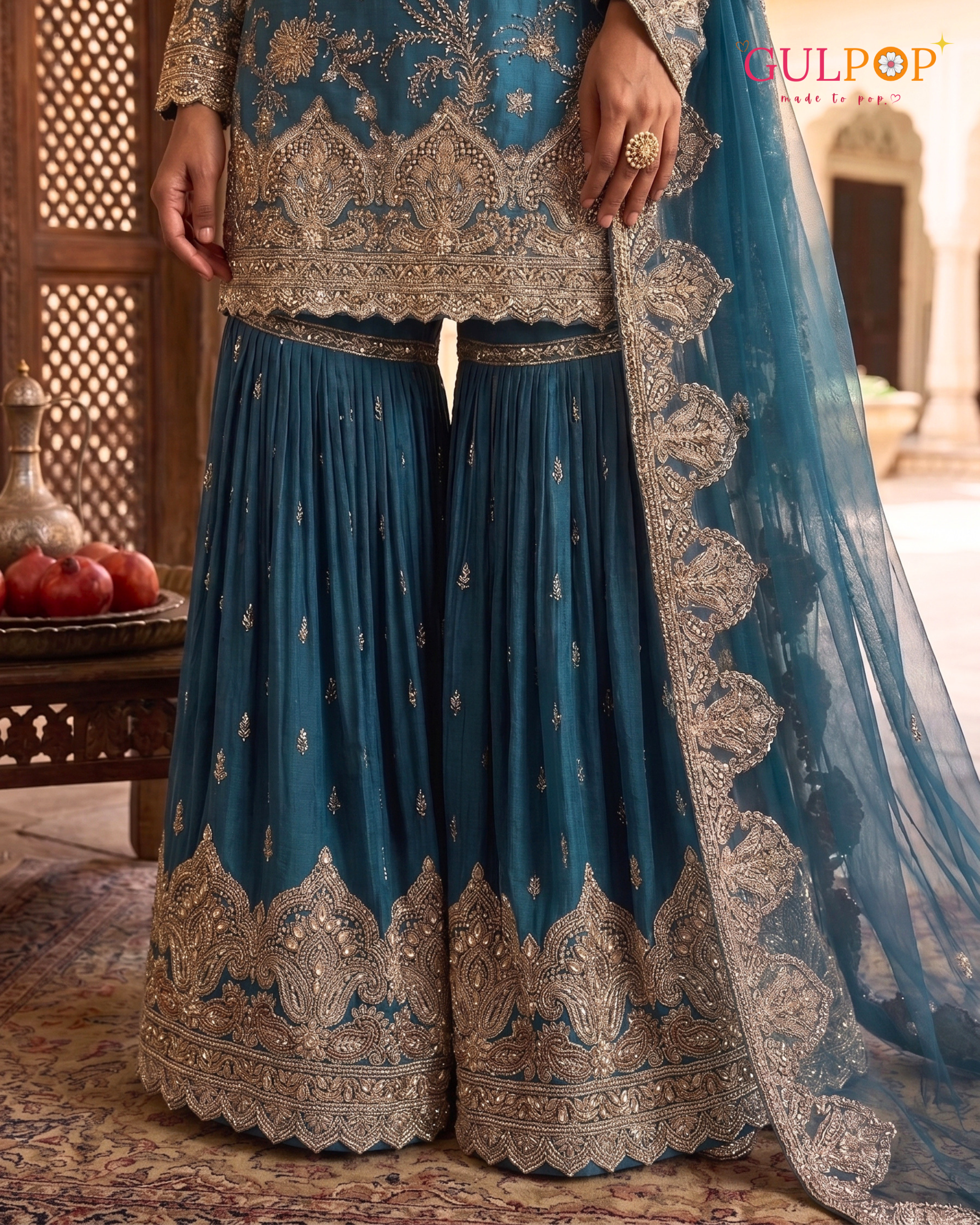 Royal Teal Embroidered Gharara Set - Image 3