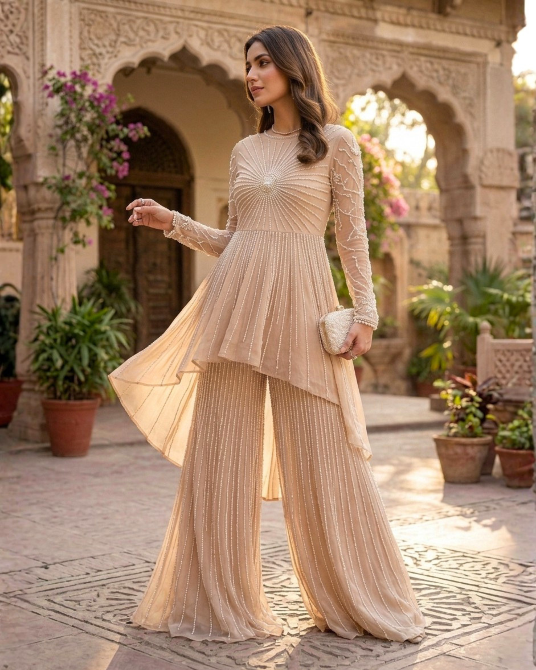 Champagne Pearl Embroidered Sharara Set - Image 9