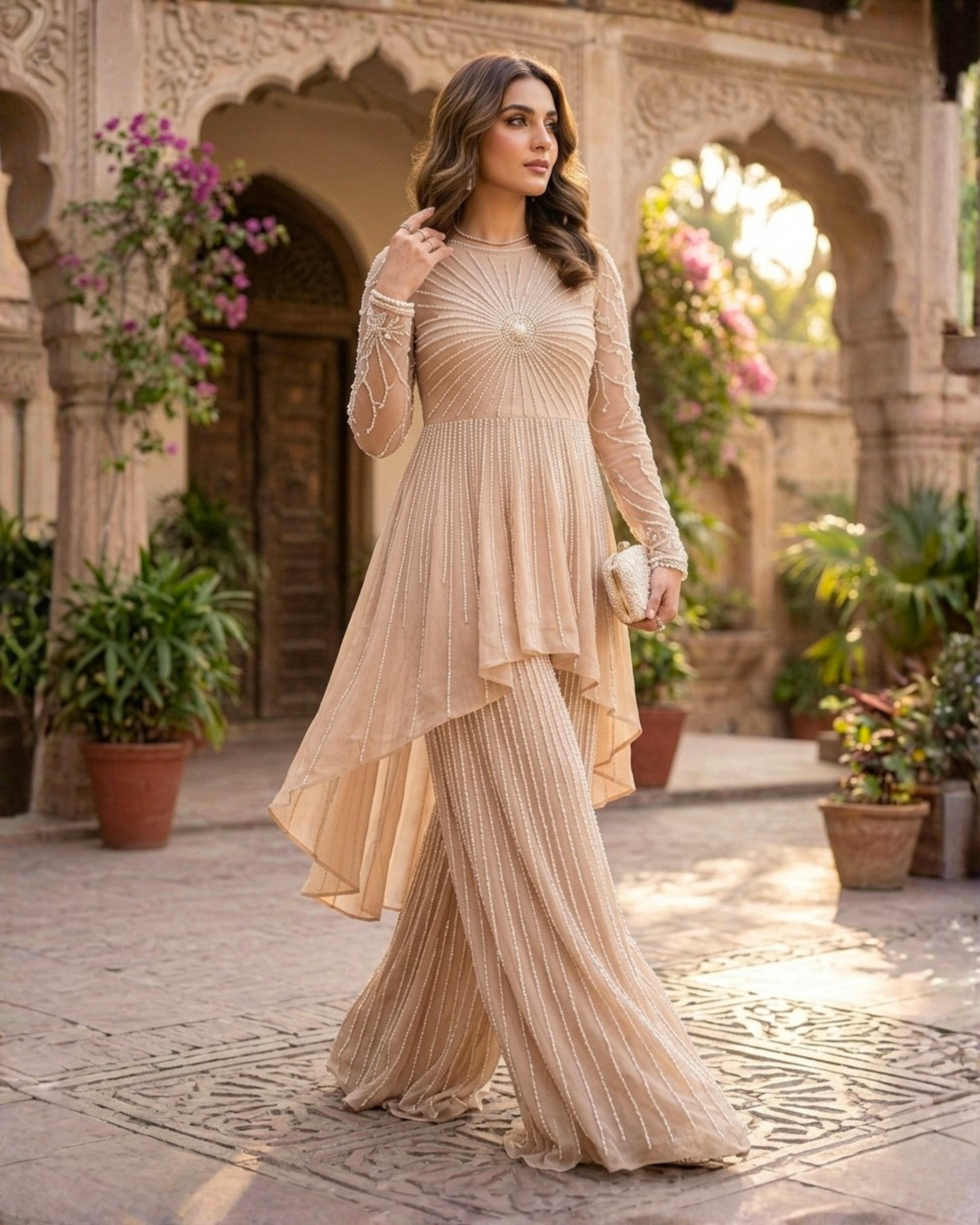 Champagne Pearl Embroidered Sharara Set