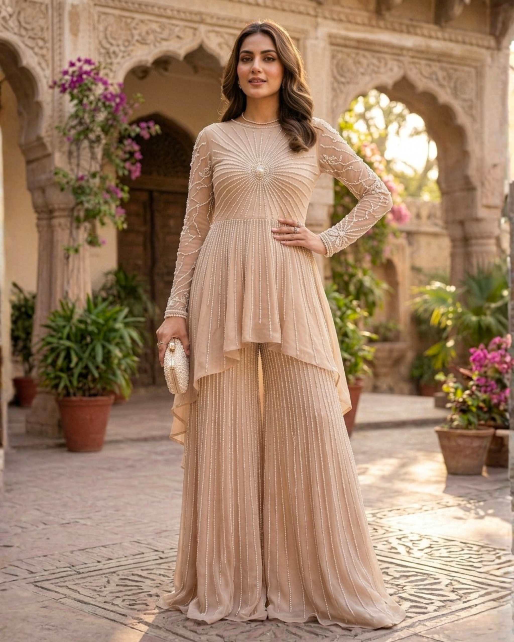 Champagne Pearl Embroidered Sharara Set - Image 4