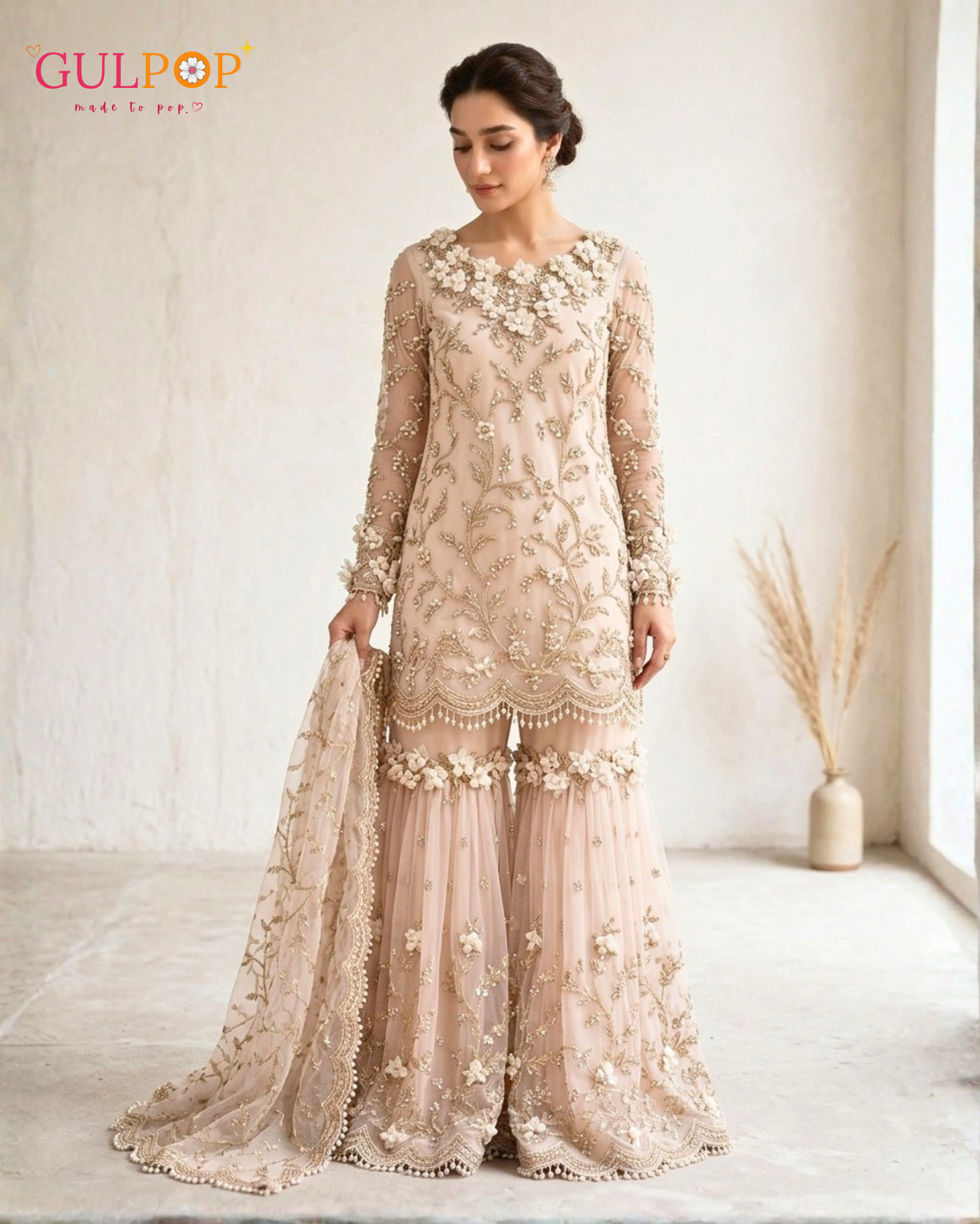 Blush Blossom Embroidered Gharara Set - Image 2