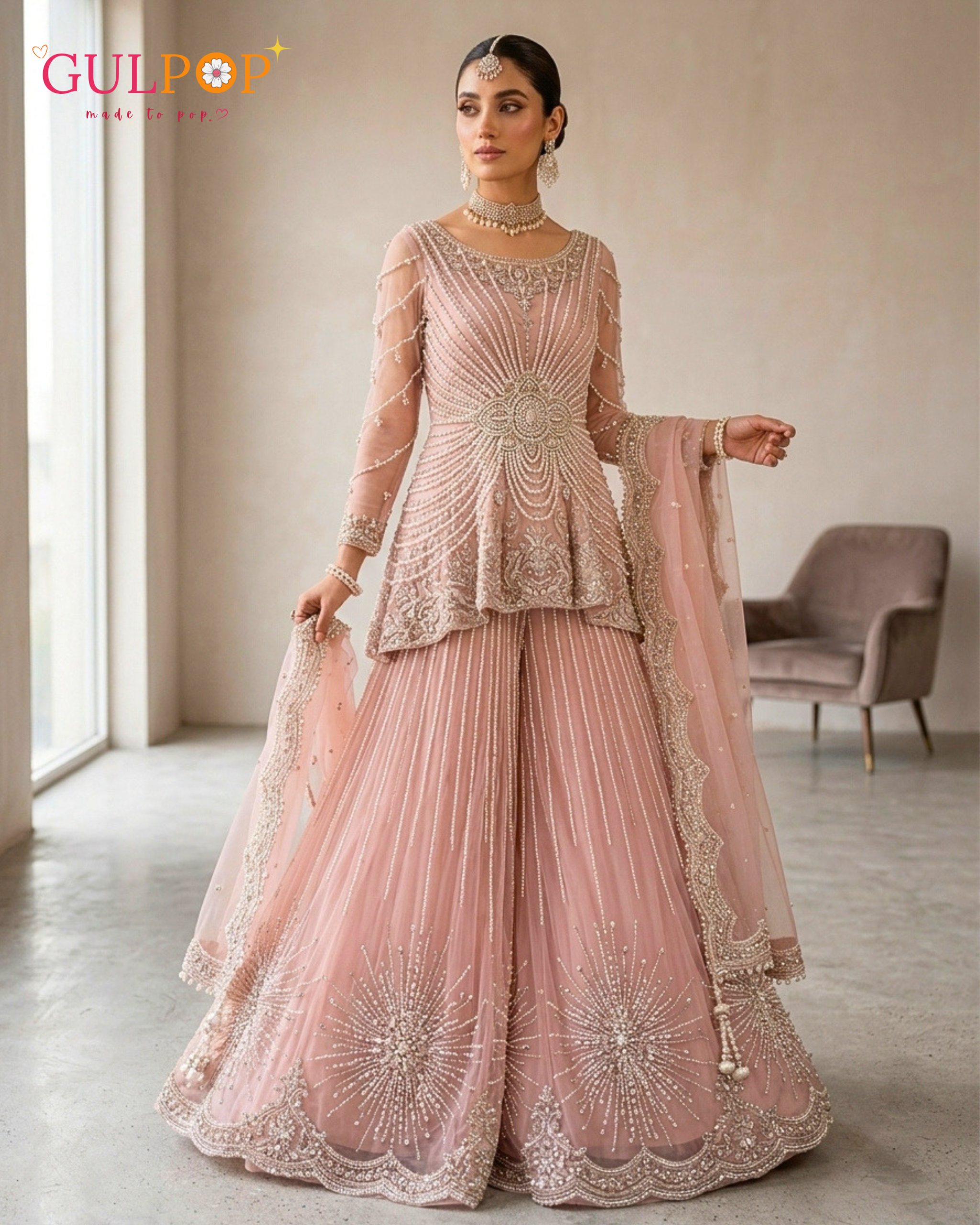Rosé Celeste Embroidered Sharara Set