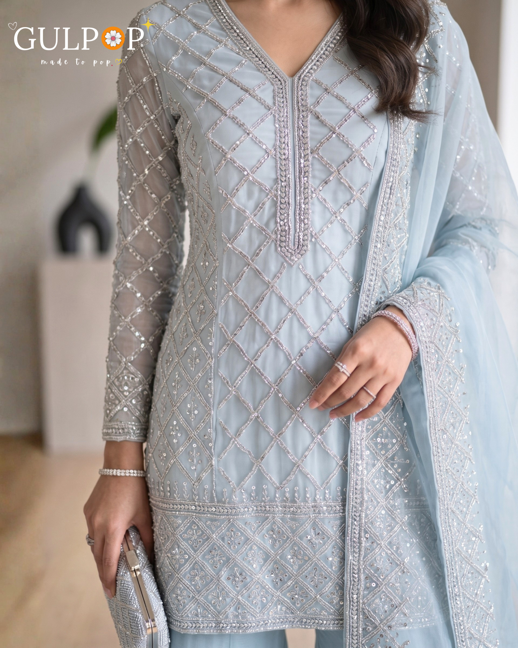 Frosted Sky Embroidered Sharara Set